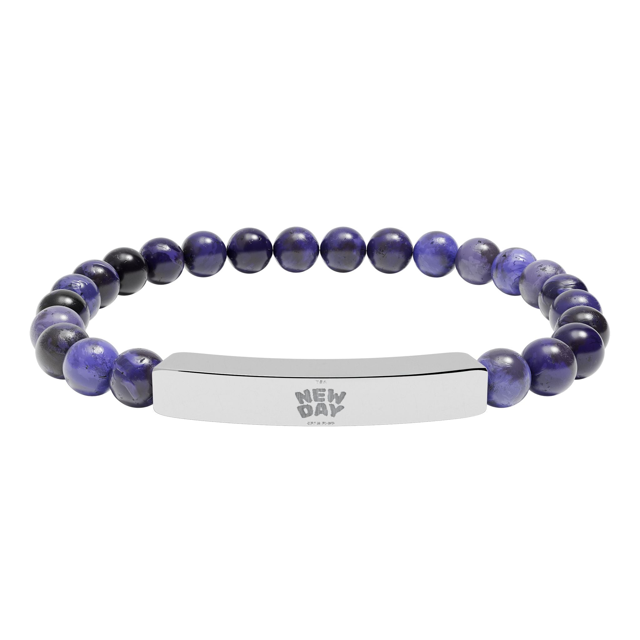 Engravable Natural Stone Bead Stretch Bracelet — Personalized Bar Accent
