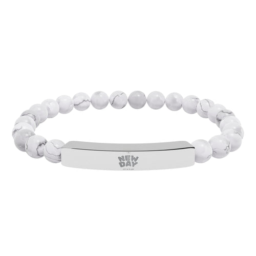 Engravable Natural Stone Bead Stretch Bracelet — Personalized Bar Accent