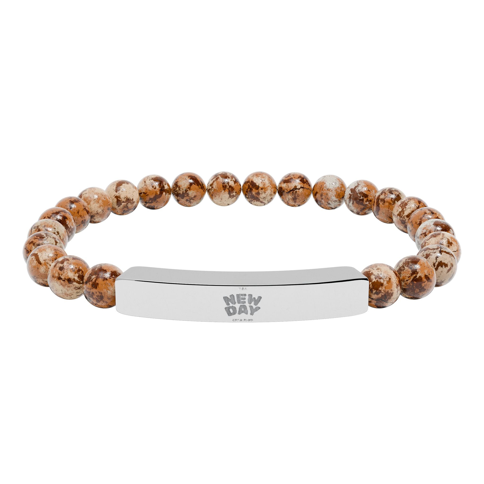 Engravable Natural Stone Bead Stretch Bracelet — Personalized Bar Accent