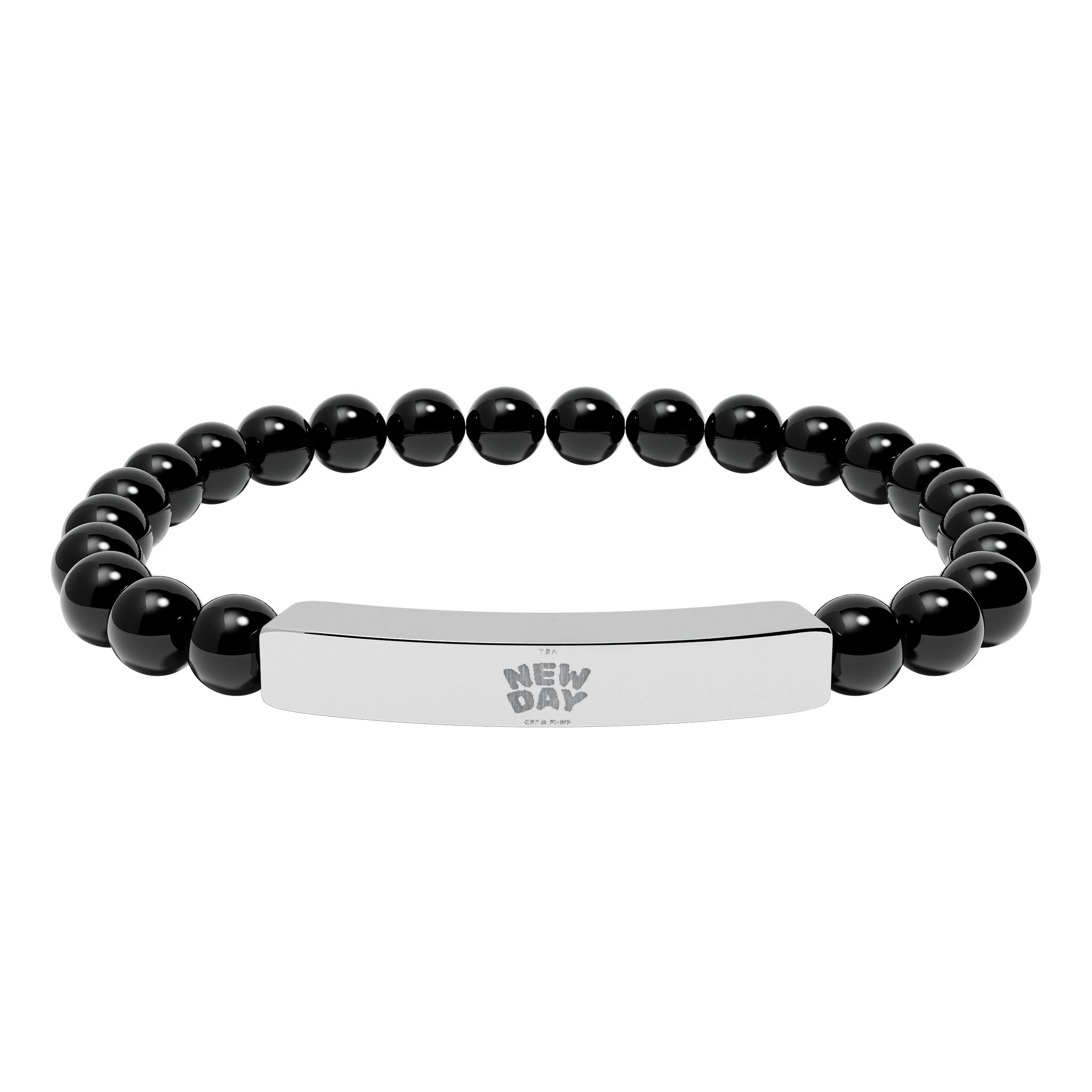 Engravable Natural Stone Bead Stretch Bracelet — Personalized Bar Accent
