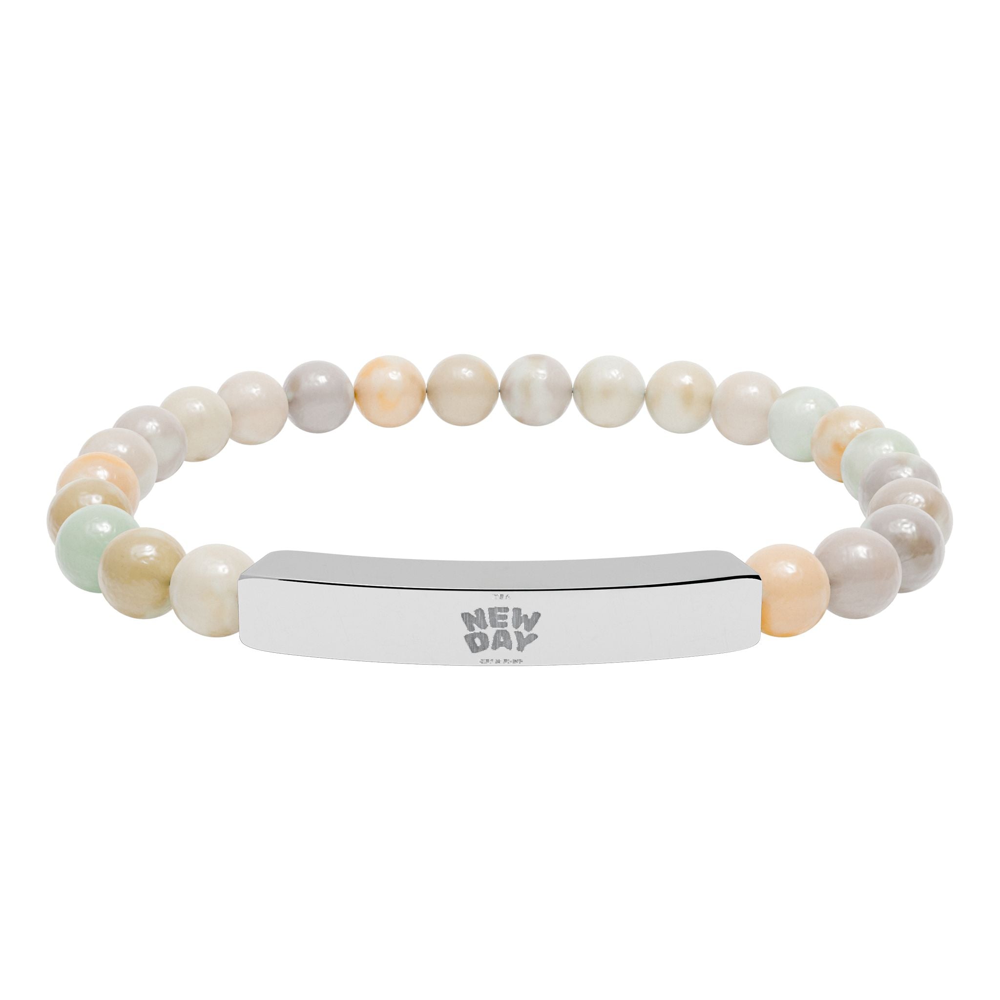 Engravable Natural Stone Bead Stretch Bracelet — Personalized Bar Accent